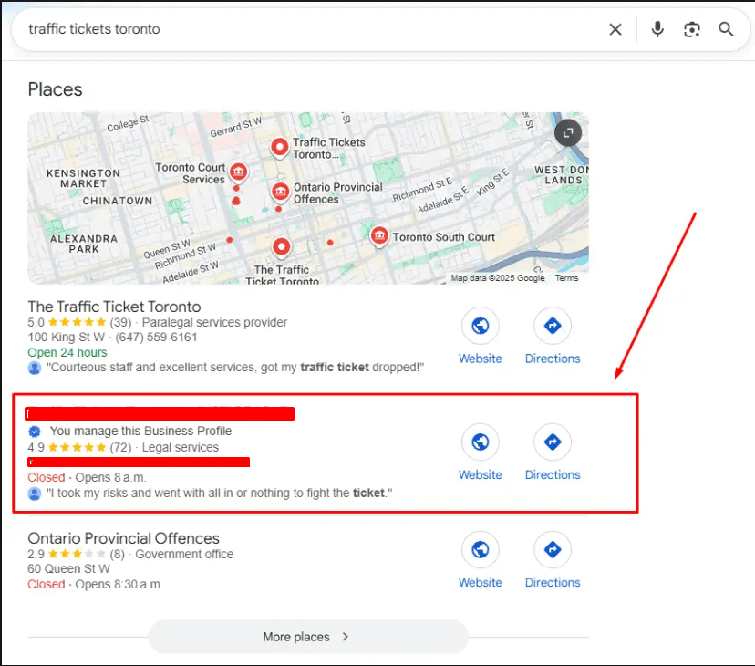 Google local 3-pack showing the legal firm ranking for 'traffic tickets toronto'