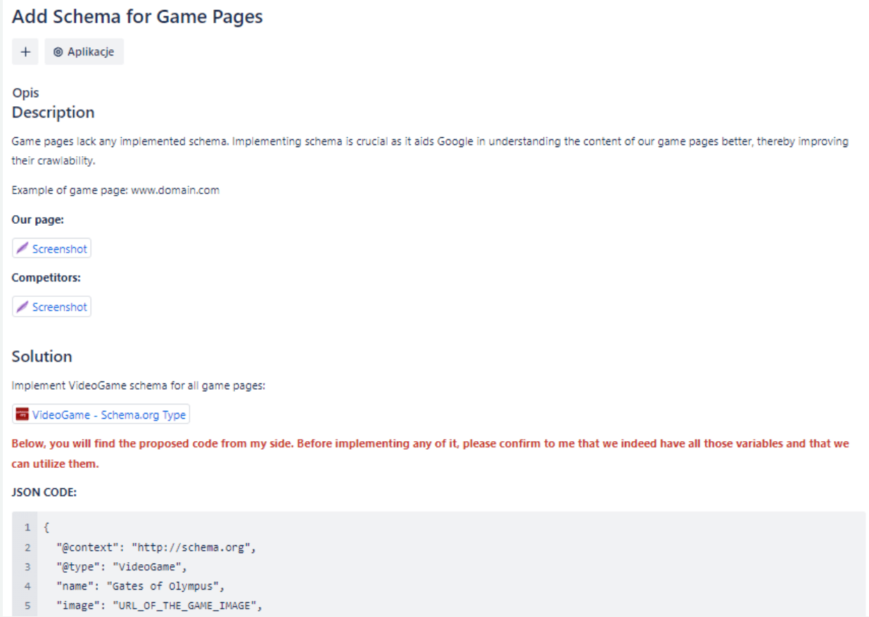 Example JIRA ticket showing a technical SEO issue with description and implementation details